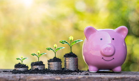 Sparschwein neben Münzen