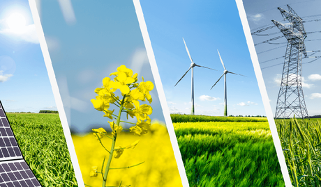 Eine Collage aus verschiedenen Bildern von Windmühlen, Blumen und Photovoltaikanlage.