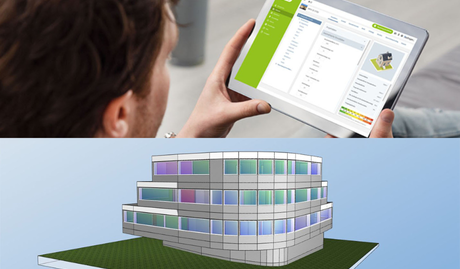 Tablet mit Gebäudecheck und digitaler Zwilling von einem Gebäude