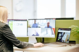 Frau am PC im Meeting im Kollegen