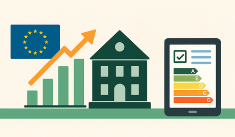 Illustration mit EU-Flagge, steigender Balkengrafik, einem Gebäude und einer digitalen Energieeffizienzskala auf einem Tablet – Symbol für die energetische Sanierung und EU-Vorgaben zur Energieeffizienz von Gebäuden.
