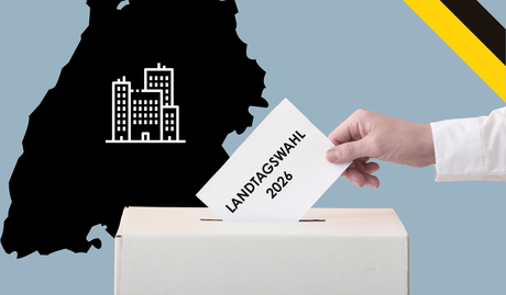 Illustration einer Wahlurne und dem Land Baden-Württemberg