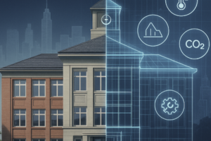 Das Bild zeigt eine stilisierte Darstellung eines Gebäudes, das zur Hälfte als reales Gebäude und zur anderen Hälfte als digitaler Zwilling visualisiert ist.