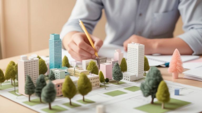 Ein Mann plant eine Stadt anhand eines Modells